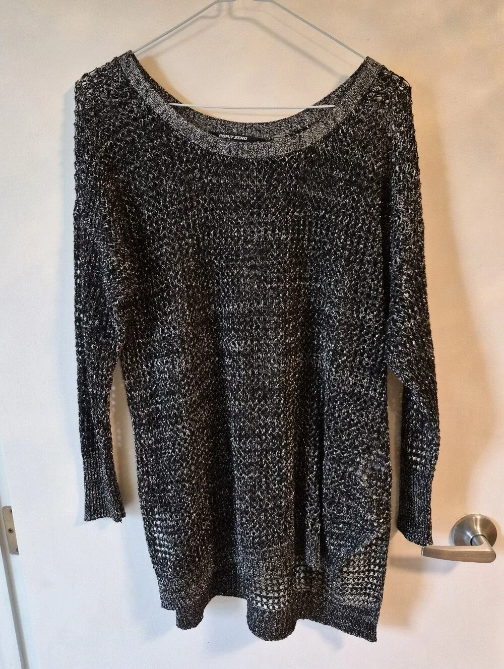 Y2K Point Zero Metallic Black And Silver Open-Weave Boatneck Sweater - Picture 2 of 7